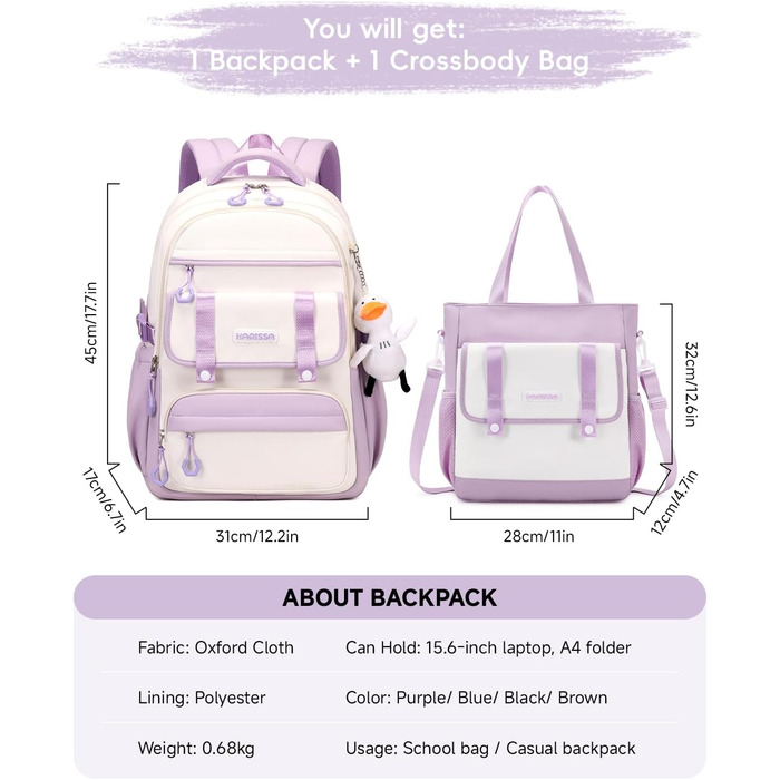 Шкільний рюкзак для дівчаток 2 в 1: рюкзак та сумка через плече, 45 см, фіолетовий. Підходить для 3-7 класів.