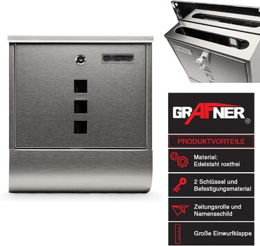 Поштовий ящик Grafner Design з газетницею, сталь, замок (2 ключі), 3 вікна, кутовий, монтажний комплект