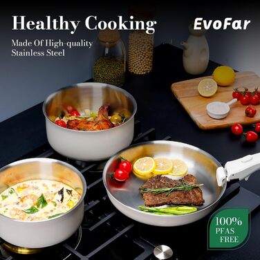 Набір посуду з нержавіючої сталі 14 предметів: сковорода 24 см, каструлі 18/20 см, знімні ручки, керамічне покриття, підходить для всіх плит, білий