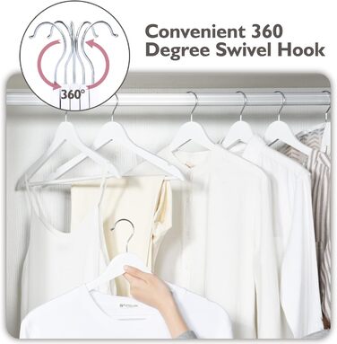Edergoo Clothes Hangers Wood 20 Pack, Smooth Surface White with 360 Degree Rotation and Shoulder Notches, Strong & Thin Wood Clothes Hangers Suit for Adults, 43.5cm Long