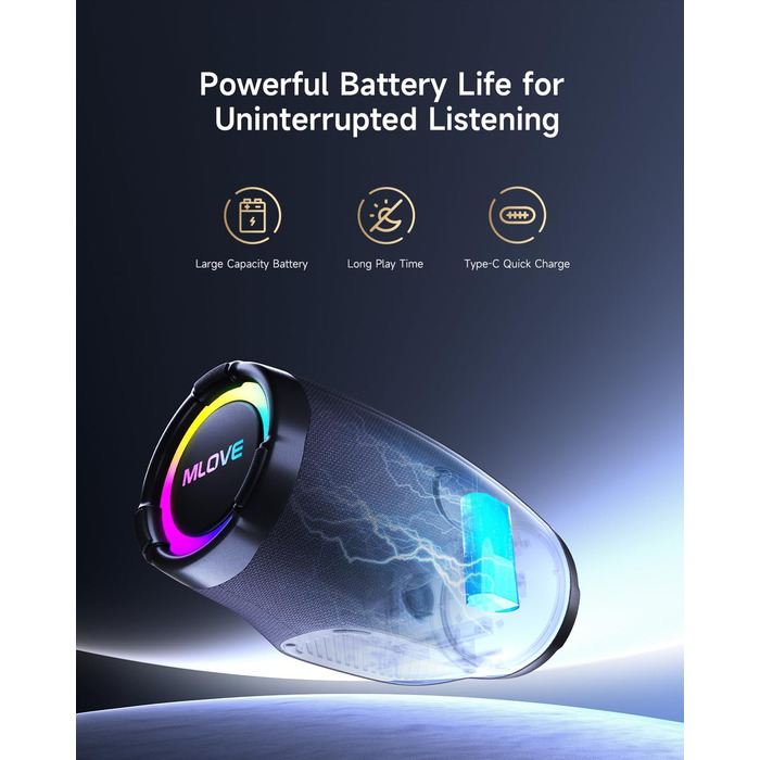 Портативна Bluetooth колонка MLOVE E90 80W з RGB підсвіткою, водонепроникна IP65, TWS, стереозвук для вечірок на природі