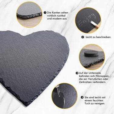Large Slate Heart 30 cm, 2-Piece Set, Slate Heart Plate with Chalk Marker, Black Slate Serving Platter, Slate Hearts for Serving & Labeling
