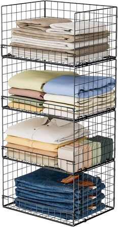 4-Tier Stackable Closet Organizer and Storage Shelves, Clothes Rack, Organizer, Basket Bins, Foldable Sweater Storage for Closet Organizer System, Black (patent pending)