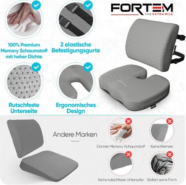 Подушка для сидіння та попереку FORTEM XL для офісного крісла, авто, геймінгу. М'яка спинка з memory foam, підтримує поперек. Сірий сітчастий матеріал, великий розмір