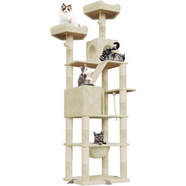 Великий котячий будиночок Kratzbaum 208 см з 3 анти-перекидною системою. Стабільний котячий будиночок XXL з 15 стовпчиками для дряпання, 2 платформами, 2 печерами, 1 рампою для дряпання та гамаком. Для великих котів (Бежевий)