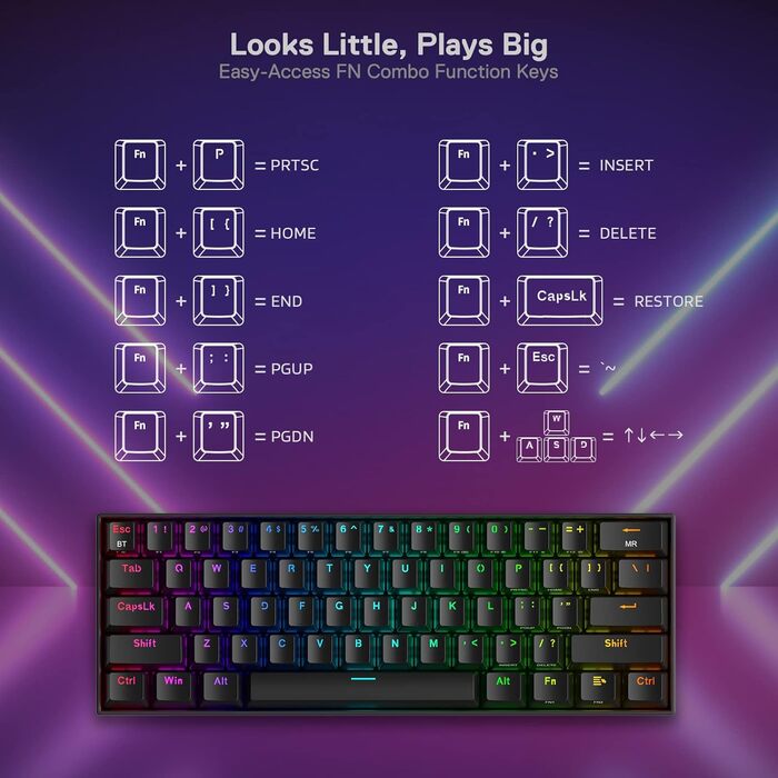 Redragon K530 Pro Draconic: Механічна ігрова клавіатура 60% з RGB-підсвічуванням, Tactile Brown Switch, Hot-Swap, для Windows/Mac/Android