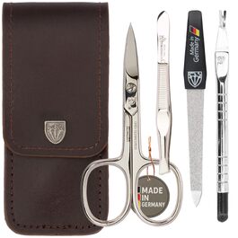 Набір для манікюру та педикюру 'Modena' від DREI SCHWERTER | 4 предмети в шкіряному футлярі, Німеччина. Вміст: ножиці для нігтів, пінцет, напільник з сапфіру, ремувер для кутикули (колір: коричневий)