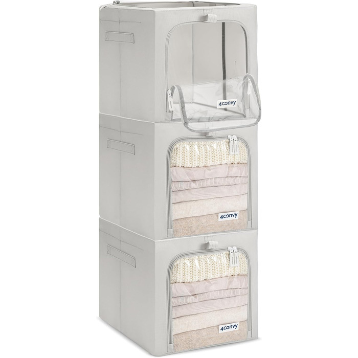 Складана коробка для зберігання одягу 4CONVY з блискавкою та металевим каркасом (3x40л, сірий, 2 вікна) - покращене матеріали 2024 року