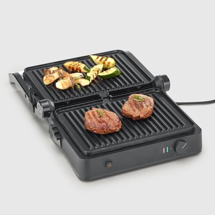 SEVERIN SEVINI Lite, Contact Grill for Meat, Fish & Vegetables, Ceramic-Coated Sandwich Maker for Fat-Free Grilling, Indoor Grill up to 220°C Heat, 1,800 W, black, KG 2398
