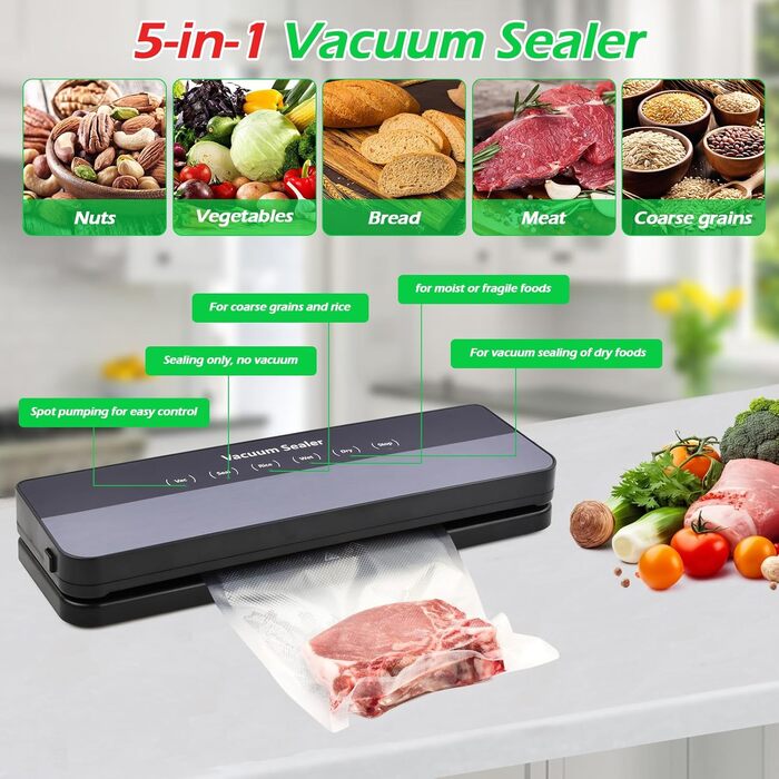 Вакуумний пакувальник Focenat 5-в-1, 65 KPA, для зберігання продуктів, з 10 пакетами, зварювальна швейна лінія 30 см