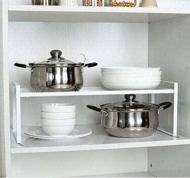KZOBYD Expandable Kitchen Shelf, Foldable Kitchen Cabinet Shelf Spice Rack Organizer for Dishes and Supplies Stackable Kitchen Storage Organizer for More Storage Space (White, M)