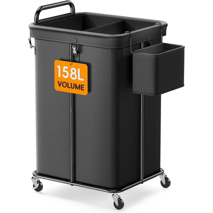 Bomclap Laundry Basket with Wheels, 150L Large Laundry Collector with an 8L Storage Basket, 2-Piece Metal Frame Laundry Basket with Handle for Laundry Room, Dorm, Bathroom, Bedroom, Black