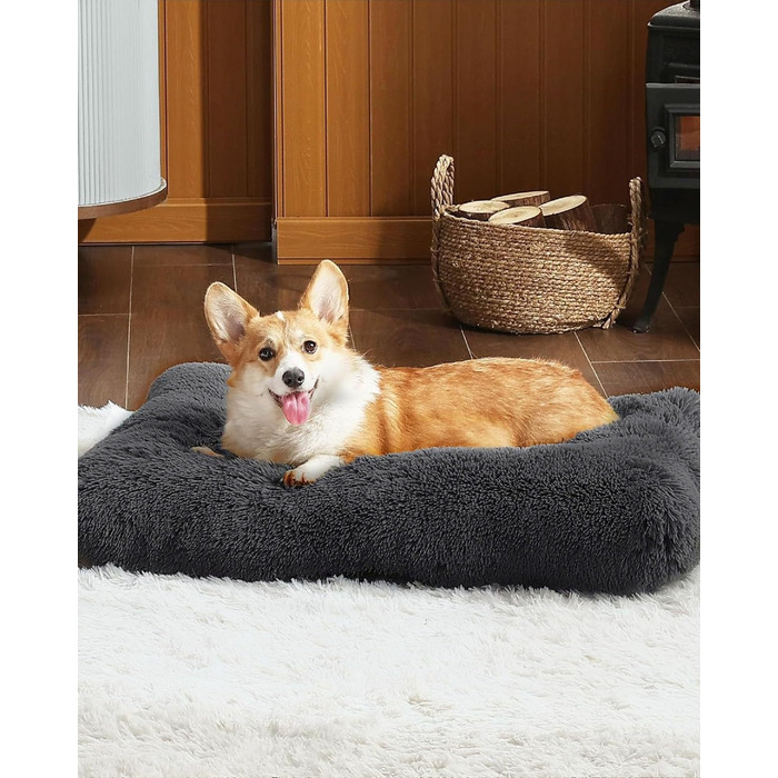 М'яке собаче ліжко для середніх собак, 95 x 65 см, з довгим пухнастим покриттям, знімне, з антиковзною основою, ортопедична підстилка, темно-сірий колір