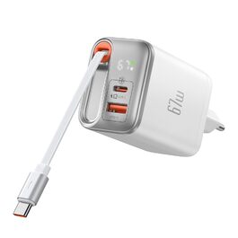 Зарядний пристрій Mcdodo 67W USB-C GaN з вбудованим кабелем, 3 порти, PD швидка зарядка для iPhone 16/15/14, Samsung Galaxy, MacBook Pro, iPad - Білий
