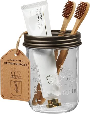 Mason Jar Bathroom Accessory Set, 4 Piece, Foaming Soap Dispenser & 2 Qtip Holders & Toothbrush Holder, Rustic Farmhouse Decor, Apothecary Glass, Countryside Countertop (Black) (Farmhouse, Bronze)