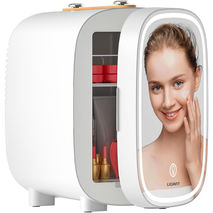 Mini Beauty Fridge 4L - LED Mirror, Cooling & Heating, Portable Skincare Fridge for Bedroom, Office & Car - White