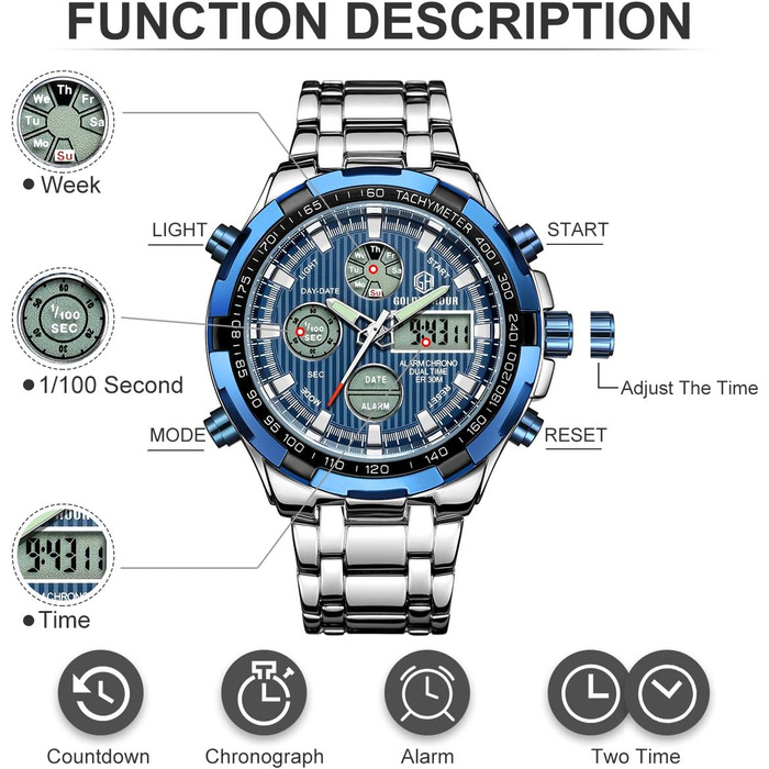 Чоловічий годинник з хронографом: надійний годинник з нержавіючої сталі, водонепроникний, з датою та будильником, аналогово-цифровий дисплей (сріблястий, блакитний)