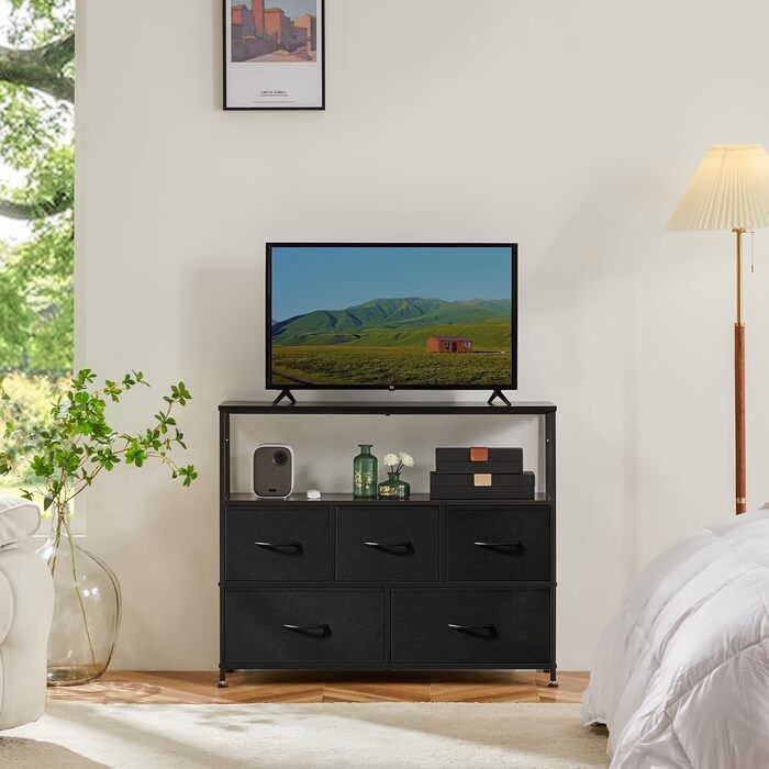 DUMOS Chest of Drawers with Drawers - Chests of Drawers & Sideboards for Bedrooms Suitable, Chest of Drawers with 9 Drawers, Fabric Chest of Drawers with Stable Steel Frame, Ideal for Bedrooms, Living Rooms (Black) (5 TV Drawers Black)