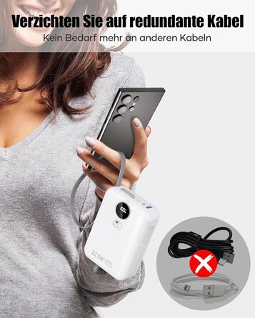 Power Bank 20000mAh з інтегрованим кабелем: Швидка зарядка 22.5W, USB C (вхід та вихід), акумулятор для мобільного телефону, Powerbank з 4 виходами та 2 входами, білий