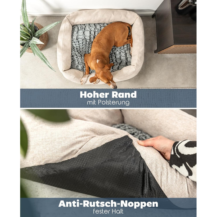 Lionto Dog Cuddler with fluffy reversible cushion, cozy pet bed in heathered design with deep entry for dogs & cats of all sizes, 80x60 cm, soft dog bed, beige