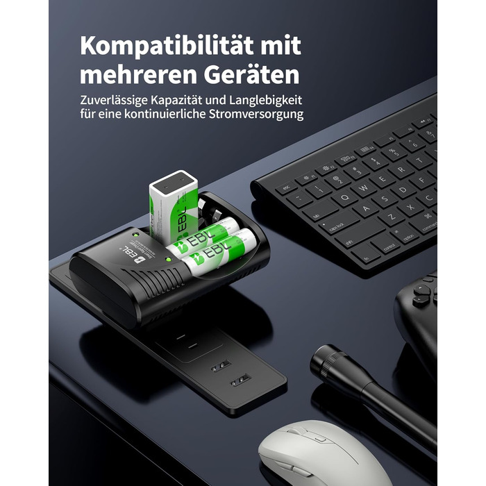 Зарядний пристрій для акумуляторів EBL AA AAA 9V NIMH з 4-ма відсіками, смарт-зарядка, LED-дисплей, швидка зарядка (з набором акумуляторів)