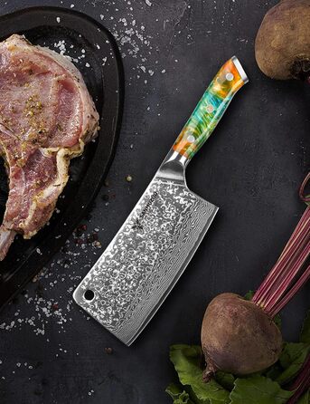 Ніж м'ясник Sanmuzuo Hackmesser 17 см, професійний, Дамаск, Xuan Serie, VG10 сталь, ручка з епоксидної смоли (сапфірово-блакитна)