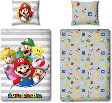 Комплект постільної білизни Kinder Super Mario для хлопчика 135x200/80x80 см, 100% бавовна, з блискавкою, з принтом Маріо, Луїджі, Піч та Стар