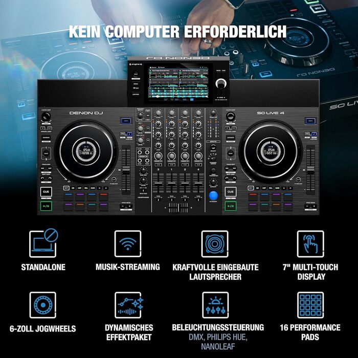 DJ контролер Denon DJ SC LIVE 4: 4 деки, Stem-розділення, Wi-Fi, вбудовані динаміки, сумісність з Serato DJ та Virtual DJ