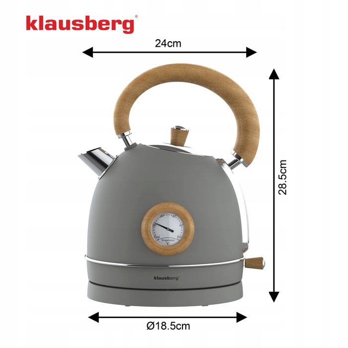 Електричний чайник Klausberg KB-9009 RETRO, 1.8 л, сталь 304, сірий з дерев'яними елементами