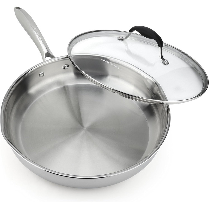 Сковорода AVACRAFT з нержавіючої сталі 18/10 Tri-Ply з кришкою, виливами, зручною ручкою, для індукційних плит, 30 см