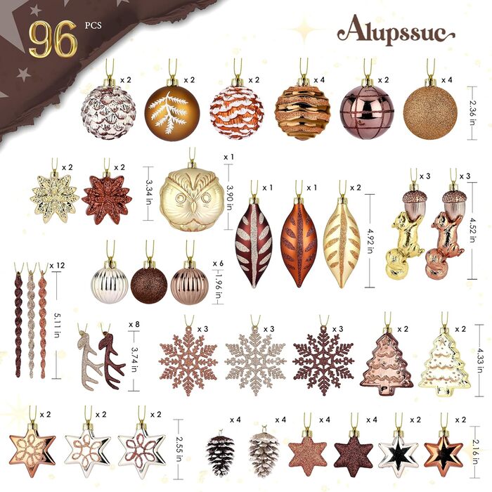 Набір прикрас на ялинку Alupssuc: 96 шт, білки, міцні золоті пластикові кулі, антична бронза