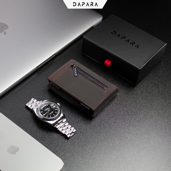 Чоловічий гаманець DAPARA | Тонкий гаманець з відділом для монет та RFID-захистом | Портмоне для чоловіків | Для 12 карт | Гаманець з карбоновим покриттям, червоний (мікрофібра)