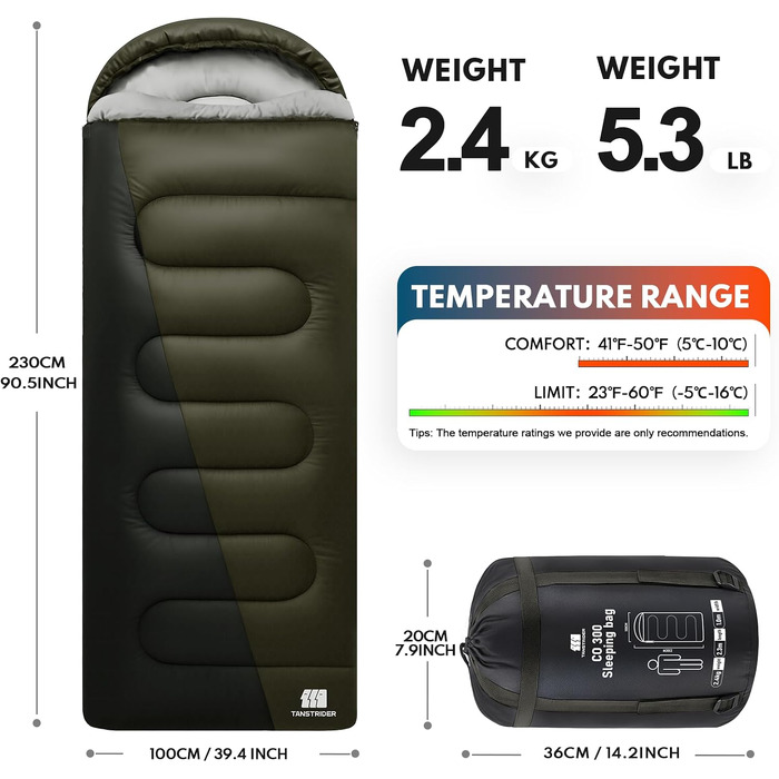 Зимовий спальний мішок 0°C XXL для дорослих, теплий кемпінговий спальник з компресійним мішком для походів, мисливства та подорожей (2.4 кг, темно-зелений армійський)