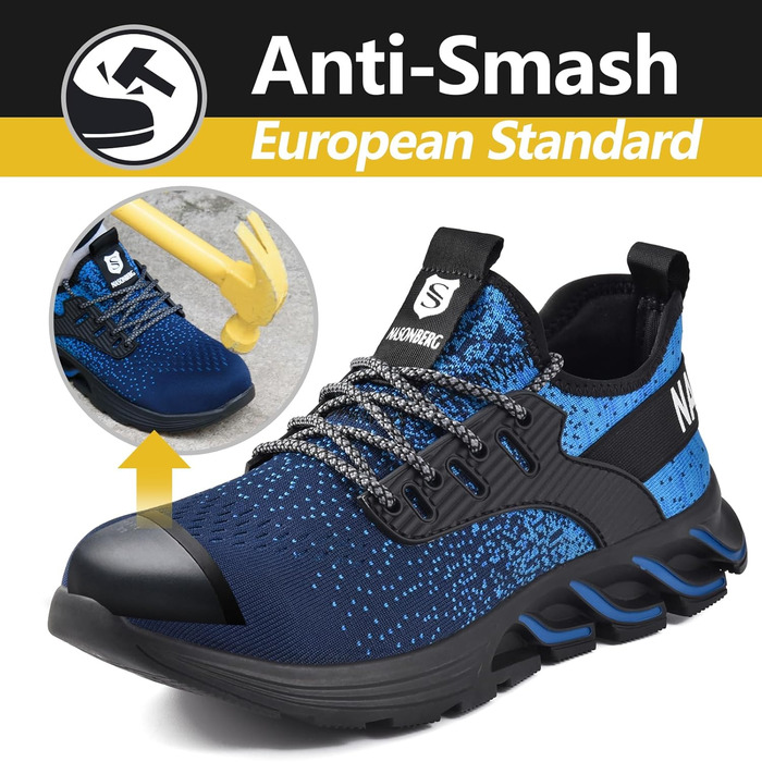 Робочі черевики з металевим носком для чоловіків та жінок. Легкі, дихаючі, розміри 37-48 EU, колір: синій