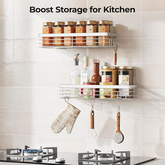 Полка для душу Orimade без свердління з 5 гачками, 2 шт. з нержавіючої сталі, срібло