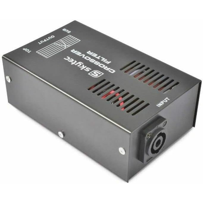 SkyTec STP-1 пасивний кросовер 2-смуговий, 1000 Вт, Powercon, 1 вхід, 1 вихід сабвуфера, 1 вихід топ, аудіофільтр, чорний