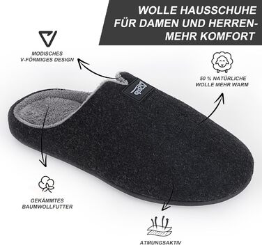 Фетрові домашні тапочки V.Step з пам'яттю форми, антиковзкі, зимові, чорні, 40/41 EU (для жінок та чоловіків)
