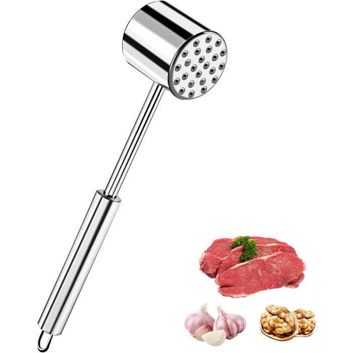 Fleischhmmer Bixury 27 см з нержавіючої сталі: подвійний молоток для м'яса з ребристою поверхнею для шніцелів, котлет, стейків, яловичини, свинини, курки (срібний)