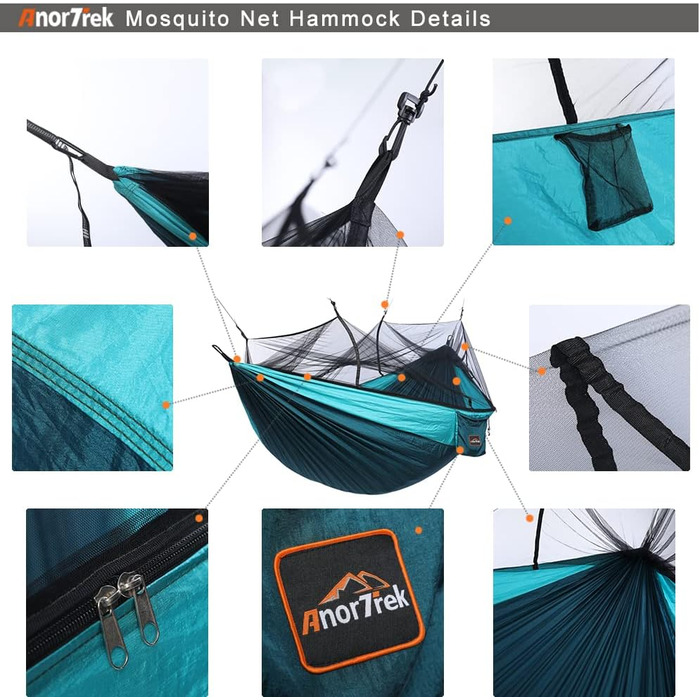 Гамак для кемпінгу з москітною сіткою, подвійний та одинарний, з ременями для дерев та карабінами, гамак-парашут для кемпінгу, подорожей та піших прогулянок, блакитний/темно-синій, 300 x 200 см