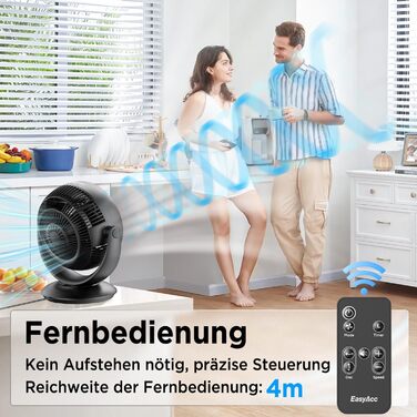 Вентилятор EasyAcc тихий, 25dB, настільний, з авто-осциляцією 90°, 3D Turbo, з пультом, 3 швидкості, таймер 2-12 годин, для спальні - чорний