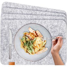 MIQIO® Design Felt Placemats Washable | With Branded Genuine Leather Label | Washable Placemats | Light Gray Melange | Felt Mat Placemats Wipeable (Set for 8 People)
