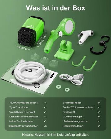 Портативна електродушова система Campingdusche з акумулятором 4500mAh, IPX7, дисплей, для кемпінгу, відпочинку на природі, автомийки, зелена