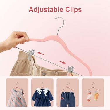 24 шт. велюрові дитячі вішалки для одягу з кліпсами, рожеві - стандартний гачок