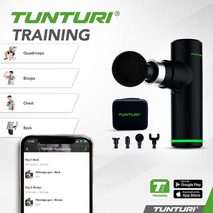 Масажер Tunturi MG30 Mini: портативний, тихий, 6 швидкостей, 4 насадки