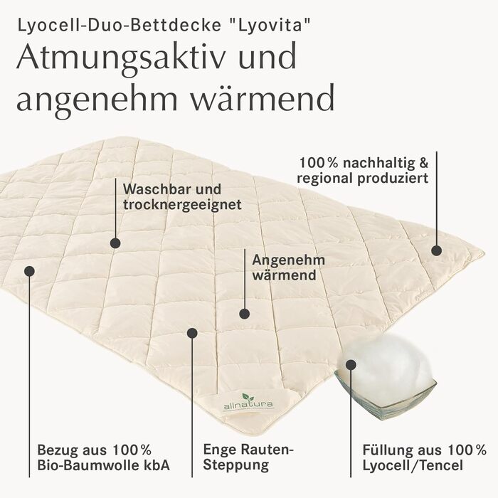 allnatura Lyovita Lycocell-Duo 135x200 cm Duvet - warm duvet optimally climate-regulating for 4 seasons - Breathable comforter filled with Lyocell/Tencel - suitable for allergy sufferers Lyocell-tencel Crèmeton