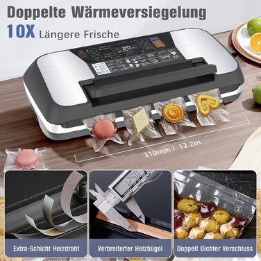 Вакуумний пакувальник OidoZac 85kPa, 12-в-1, з подвійною зварювальною лінією, вбудованим різаком та контейнером для пакетів, срібно-чорний