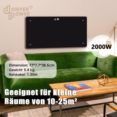 Конвектор DONYER POWER 2000W з чорною скляною панеллю, 2КВт, настінний/підлоговий
