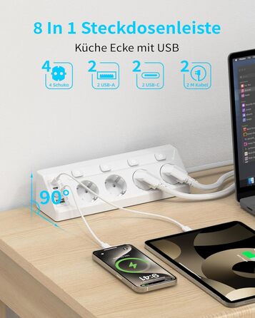 Многофункціональна мережева розетка з USB-C та захистом від перенапруги, 6 розеток, 2м кабель, 4000W, 16A, для кухні, дому, офісу (білий)