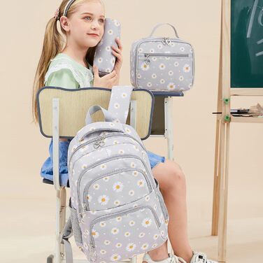 Шкільний рюкзак для дівчаток-підлітків, вінтажний рюкзак-сет, квітковий дизайн, рюкзак для ноутбука, шкільні сумки для жінок, школа, подорожі, з ланч-пакетом та пеналом 3 в 1, сірий