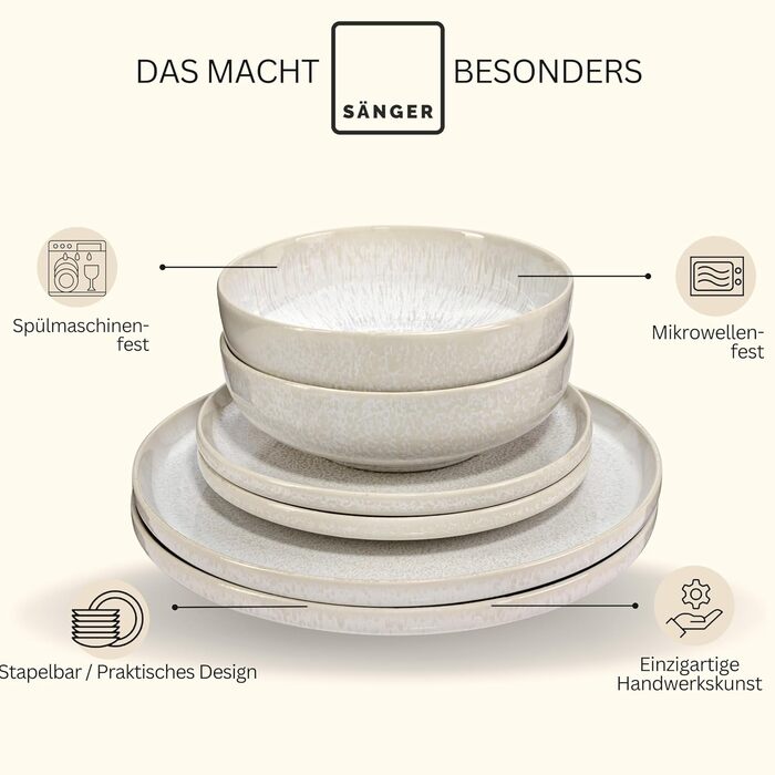 SÄNGER | Korfu Dinner Set 12 pcs, Tableware Service for 4 People, Stoneware Dishes Handmade, Plate Set including Dinner Plates, Dessert Plates, Deep Plates, Cream Colors with Sandy Texture | PREMIUM COLLECTION Korfu Tableware Service 12 pcs